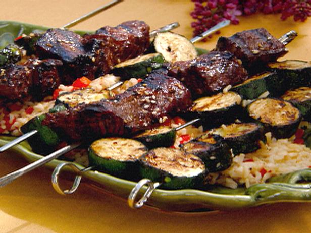 Grilled Asian Beef Kebabs over Rice Recipe  Robin Miller  Food Network