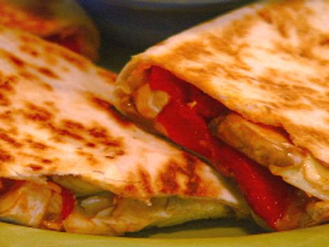 Chicken and Mixed Vegetable Quesadillas with Artichokes, Mushrooms, and Roasted Red Peppers