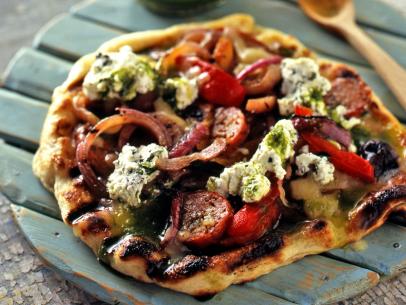 Grilled Pizza with Hot Sausage, Grilled Peppers + Onions + Oregano Ricotta