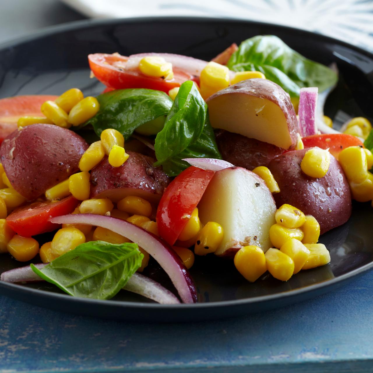 Potato Tomato Corn and Basil Salad