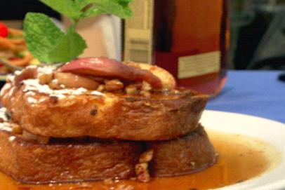 White Peach-Bourbon French Toast with White Peach-Pecan Maple Syrup
