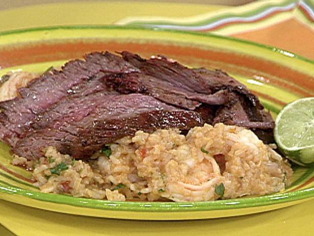 Sliced Chili Rubbed Flank Steak On Spicy Rice With Shrimp And Guacamole Stacks Recipe Rachael Ray Food Network