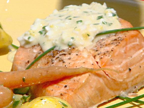 Alder-Planked Salmon with Egg Sauce Recipe | Michael Chiarello | Food ...