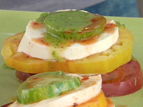 Fresh Mozzarella and Stacked Heirloom Tomato Salad with Green Chile-Cilantro Oil and Chipotle Vinegar