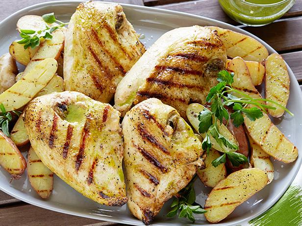 Grilled Chicken with Roasted Garlic-Oregano Vinaigrette and Grilled Fingerling Potatoes image