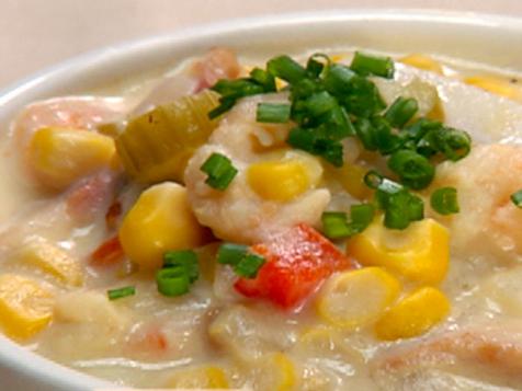Roasted Corn Chowder with Lime Cured Shrimp