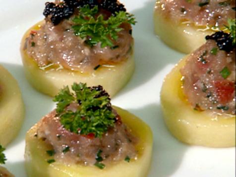 Tuna Tartare in a Cucumber Boat topped with Caviar