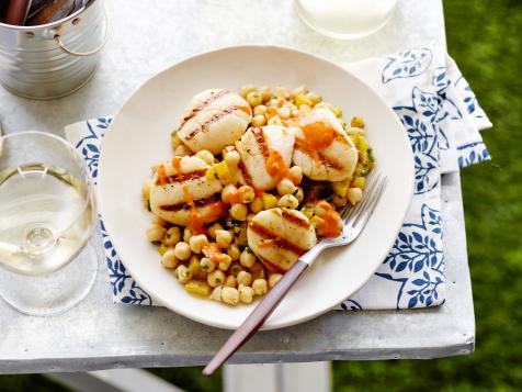 Cumin Grilled Sea Scallops with Chickpea Salad and Red Pepper-Tahini Vinaigrette