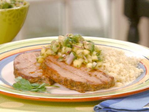 Hot Chile Grilled Pork Rounds with Avocado-Mango Salsa over Couscous