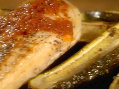 Grilled Chicken Breasts with Fire Roasted Tomato Sauce Roasted Zucchini with Oregano and Lemon