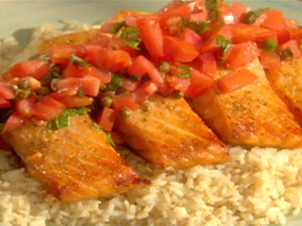 Roasted Wild Salmon with Tomatoes, Basil, and Capers, Parmesan-Crusted Cauliflower, and Rice_image