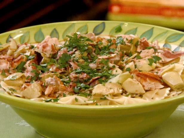Bowties with Pancetta, Grilled Salmon and Artichokes, and Mixed Greens with Russian-Peppercorn Dressing