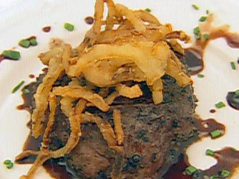 Peppercorn Encrusted Beef Tenderloin on Beef Tomato with Goat Cheese, French Fried Onions and Balsamic Vinegar Sauce