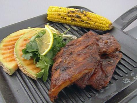 Rory's Ribs with Grilled Corn, Cantaloupe, and Fresh Herb Salad