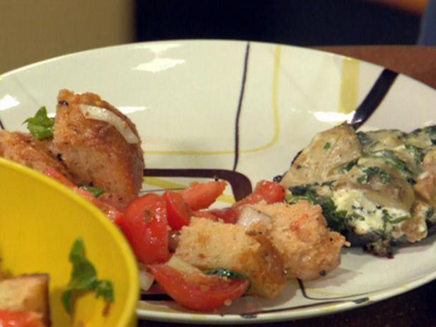 Spinach and Artichoke Stuffed Portabello Mushrooms with Tomato and Bread Salad