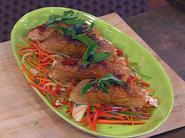 Cedar Plank Salmon Parmesan with Asian Reduction Sauce over Sauteed