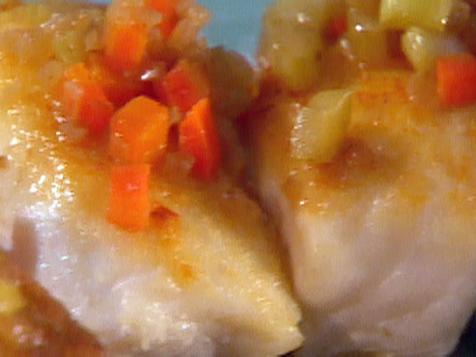 "Braised" Halibut with Grilled Corn Cakes