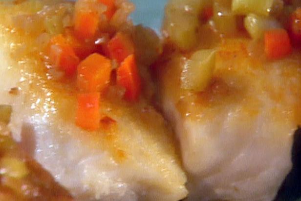"Braised" Halibut with Grilled Corn Cakes