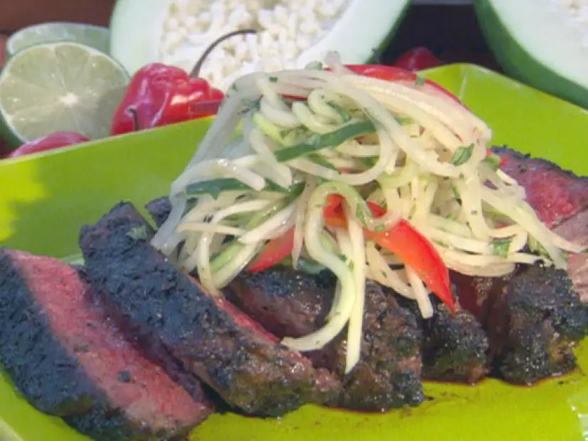 Jerk Rubbed Rib-Eye with Green Papaya Relish Recipe | Bobby Flay | Food ...