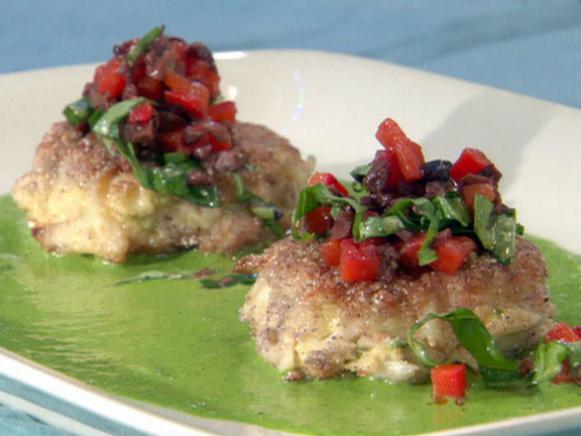 Blue Corn Crab Cakes with Black Olive-Red Pepper Relish and Basil