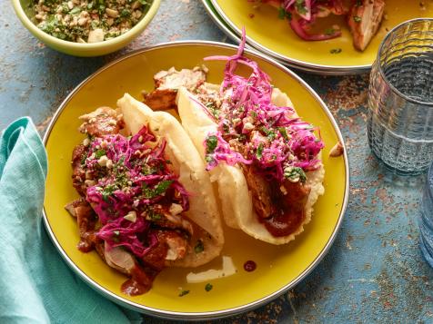 Yucatan Chicken Puffy Tacos with Peanut-Red Chili BBQ Sauce and Red Cabbage Slaw