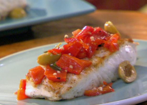 Halibut with Anchovy-Stuffed Olives, Red Peppers and Oregano