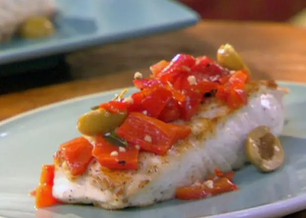 Halibut with Anchovy-Stuffed Olives, Red Peppers and Oregano Recipe ...