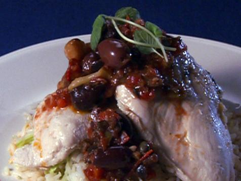 Herb Poached Chicken with Olive Salsa over Basmati Rice