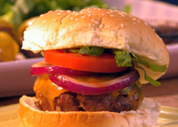 5 Ingredient Bacon Burgers with Cheddar and Red Onion with Parmesan Popcorn Black-Eyed Peas
