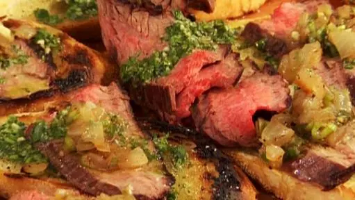 Flank Steak Crostini with Chimichurri and Vidalia Relish
