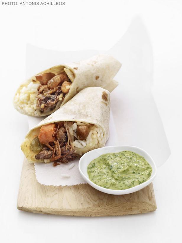 Moroccan Burritos with Tahini Herb Sauce