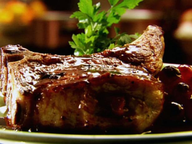 Fontina and Prosciutto Stuffed Pork Chops with Grilled Polenta Squares and Roasted California Grapes