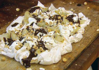 Tray-Baked Meringue with Pears, Cream, Toasted Hazelnuts and Chocolate Sauce