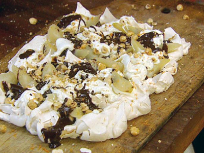 TrayBaked Meringue with Pears, Cream, Toasted Hazelnuts and Chocolate
