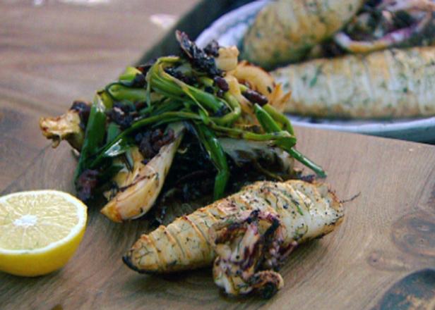 Roasted Concertina Squid with Grilled Leeks and a Warm Chorizo Dressing image