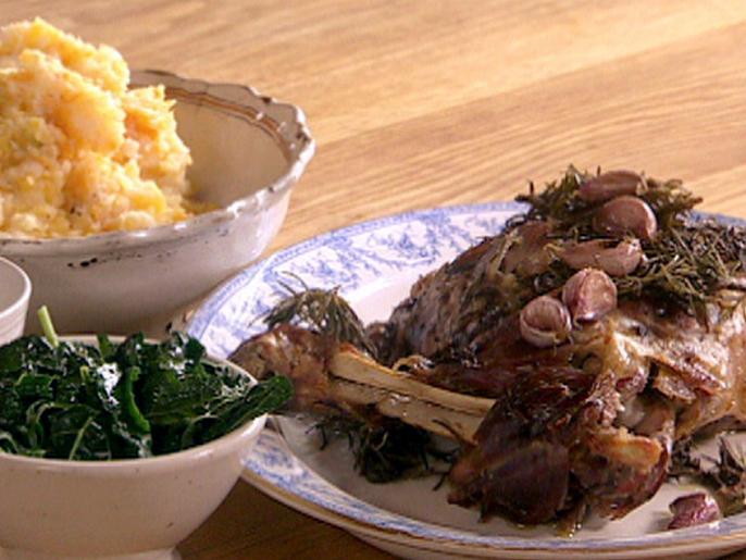 Incredible Roasted Shoulder of Lamb with Smashed Vegetables and Greens