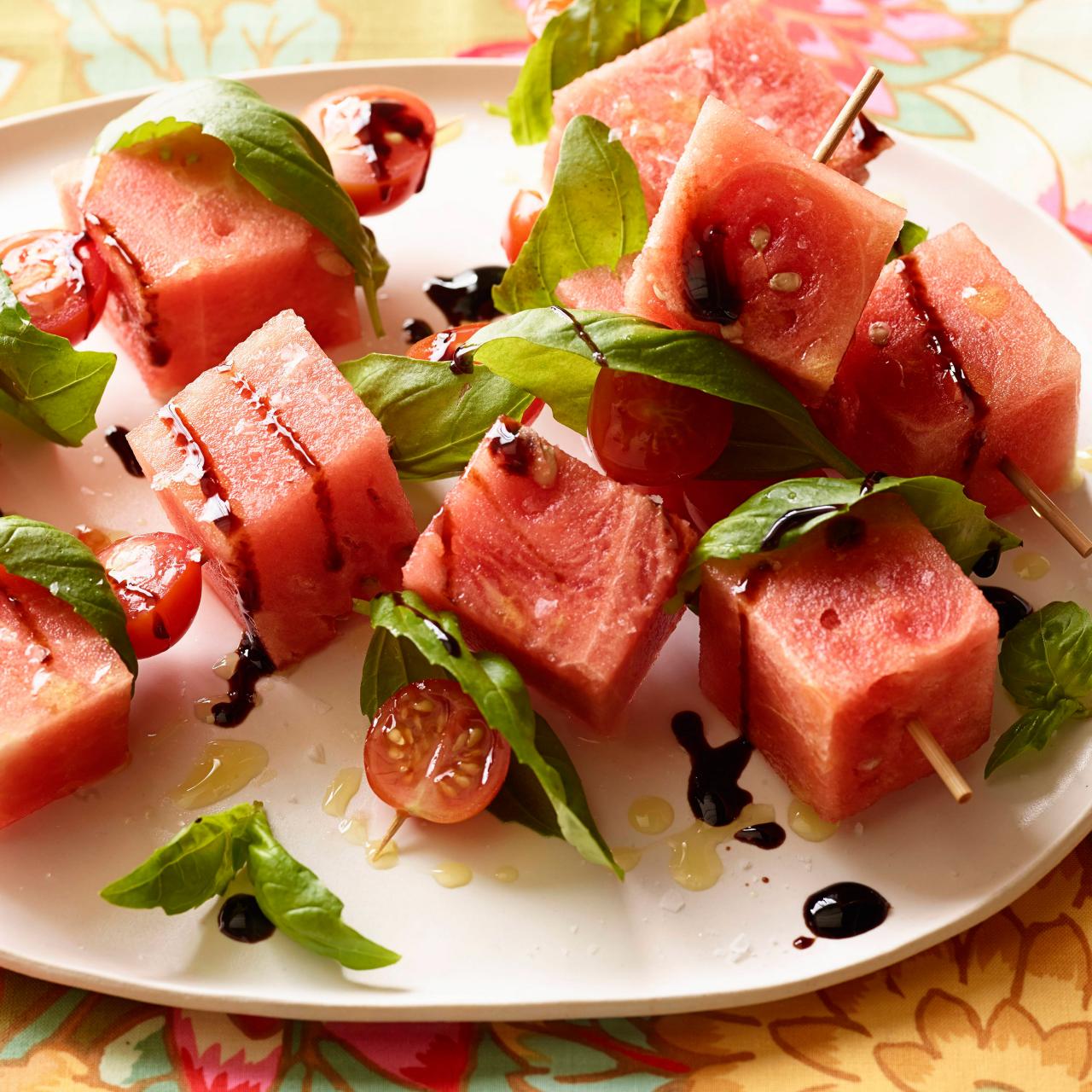 Tomato Watermelon and Basil Skewers