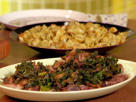 Lamb Chops with Greens and Crispy Orecchiette Pasta with Walnut-Rosemary Pesto