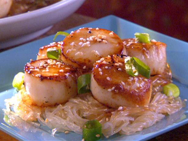 Pan Seared Scallops With Sesame Sauce And Cellophane Noodles Recipe Robin Miller Food Network
