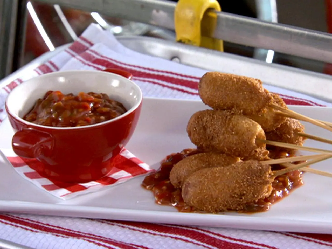 Mini Corn Dogs with Sweet and Spicy Pepper Relish