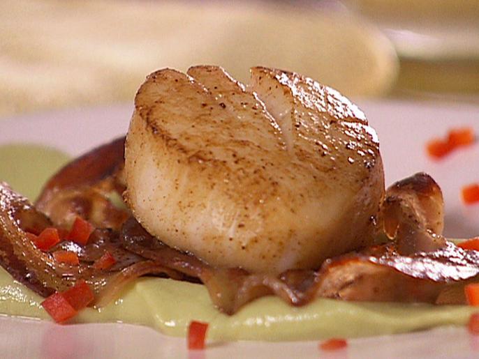 Seared Scallops with Pancetta over Avocado and Wasabi Recipe | Danny