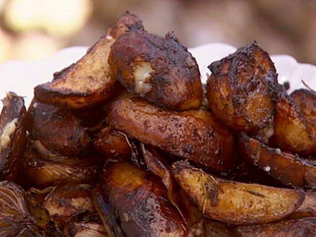 Balsamic-Baked Onions and Potatoes with Roast Pork image
