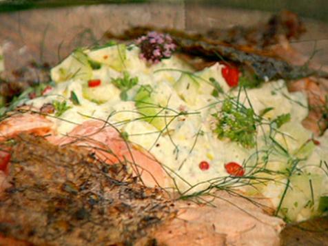 Crispy Barbecued Side of Salmon Barbeque with Cucumber Yogurt