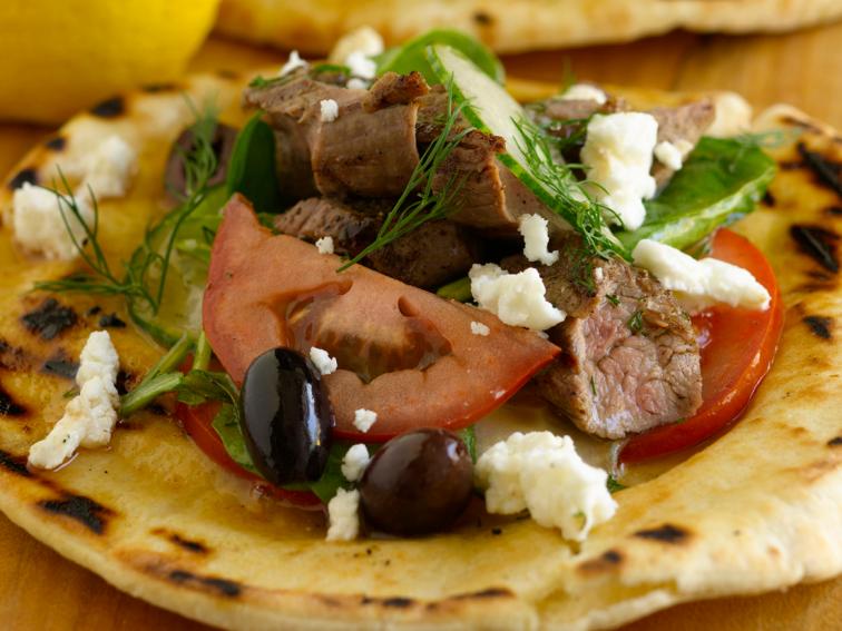 Grilled Lamb with Greek Spinach Pita Salad Recipe Bobby Flay Food Network