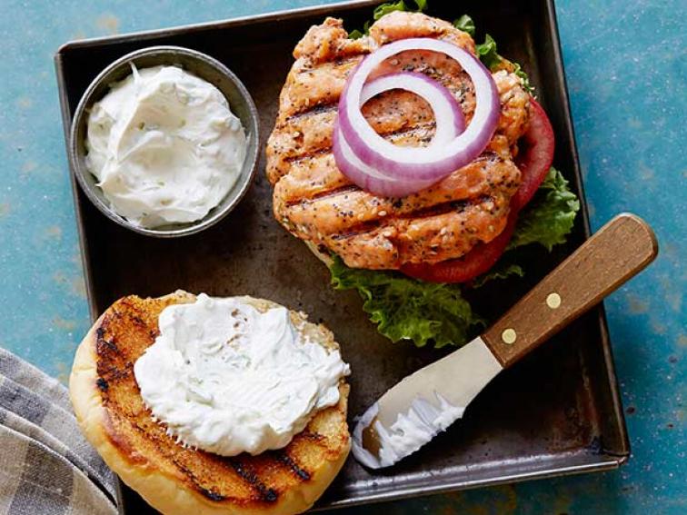 Everything Salmon Burgers with Scallion Sour CreamCream Cheese Sauce