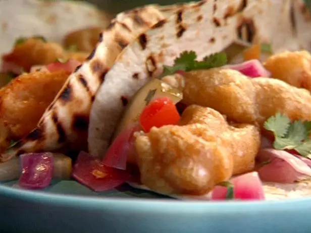 Cerveza-Battered Fish Tacos with Quick-Pickled Onion and Cucumber Recipe | Sunny Anderson | Food Net