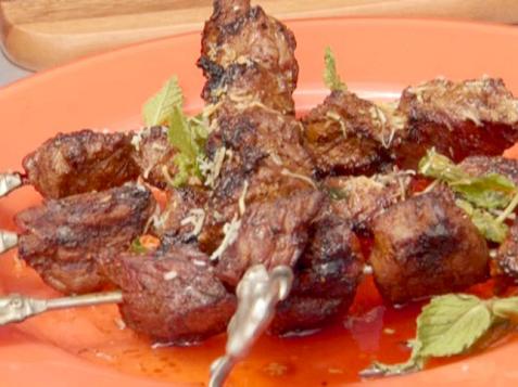 Indian Curry Lamb Skewers with Mint-Grilled Nectarine Chutney with Pita