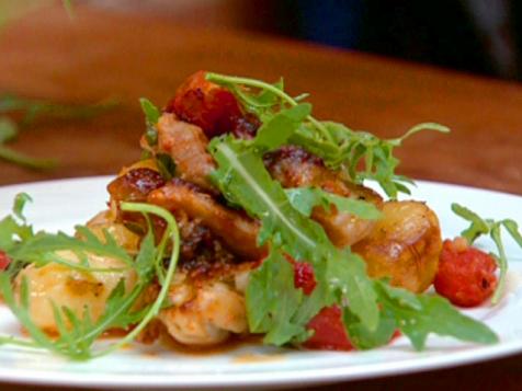 Crispy and Sticky Chicken Thighs with Squashed New Potatoes and Tomatoes