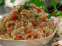 Eastern European Dish Eggplant Caviar Piled High in a Light Brown and Gray Bowl