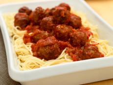 A Rectangular Dish Filled with Spaghetti and Meatballs